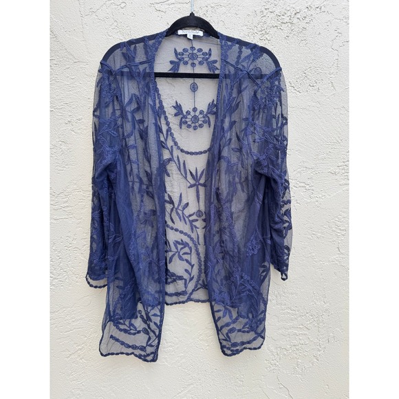 Floral Embroidered Sheer Lace Cardigan Kimono Duster Top - Picture 4 of 8